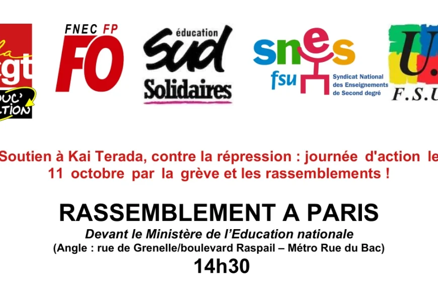 Soutien à Kai Terada, contre la répression : journée d&rsquo;action le 11 octobre par la grève et les rassemblements !