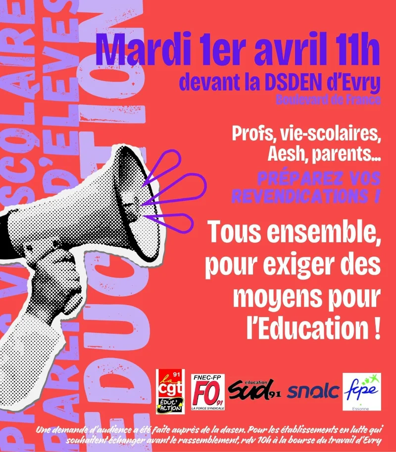 Rassemblement devant la DSDEN d'Évry mardi 1er avril  à 11h