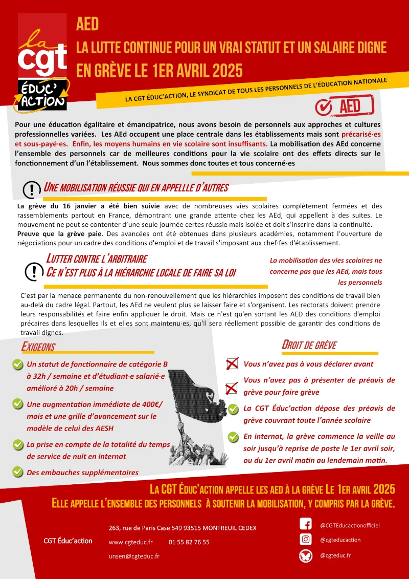 Tract de la CGT Éduc'action pour la grève des AEd du 1er avril 2025